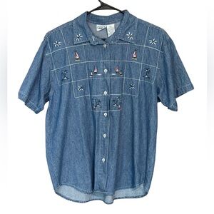 Vintage Capacity Denim Button Up Shirt Sailboat Embroidered L
